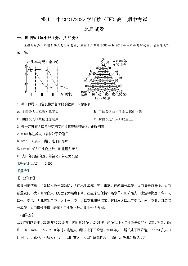 2021-2022学年宁夏回族自治区银川市一中高一下学期期中考试  地理试题（解析版）01