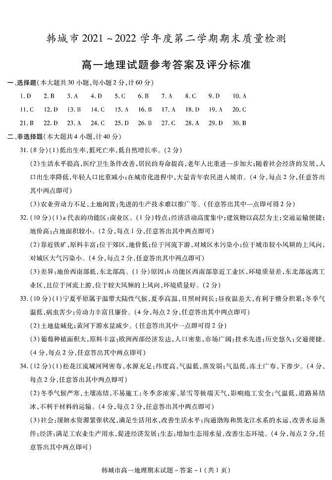 2021-2022学年陕西省渭南市韩城市高一下学期期末质量检测地理试题（PDF版）01