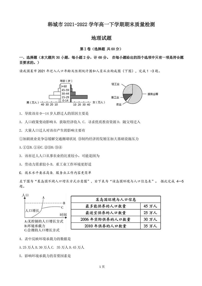2021-2022学年陕西省渭南市韩城市高一下学期期末质量检测地理试题（PDF版）01