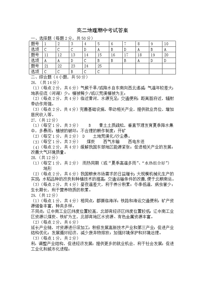 高二地理期中考试答案第1页