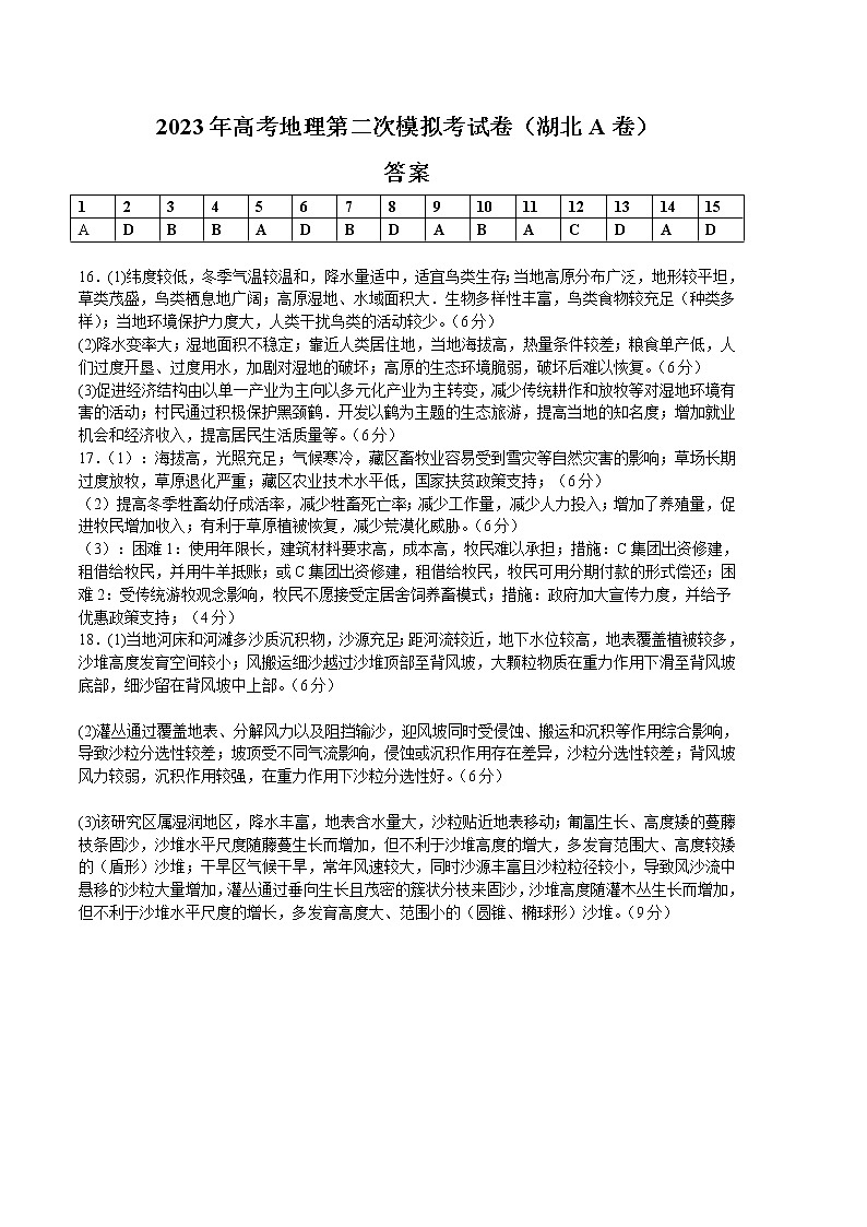 2023年高考第二次模拟考试卷：地理（湖北A卷）（参考答案）第1页