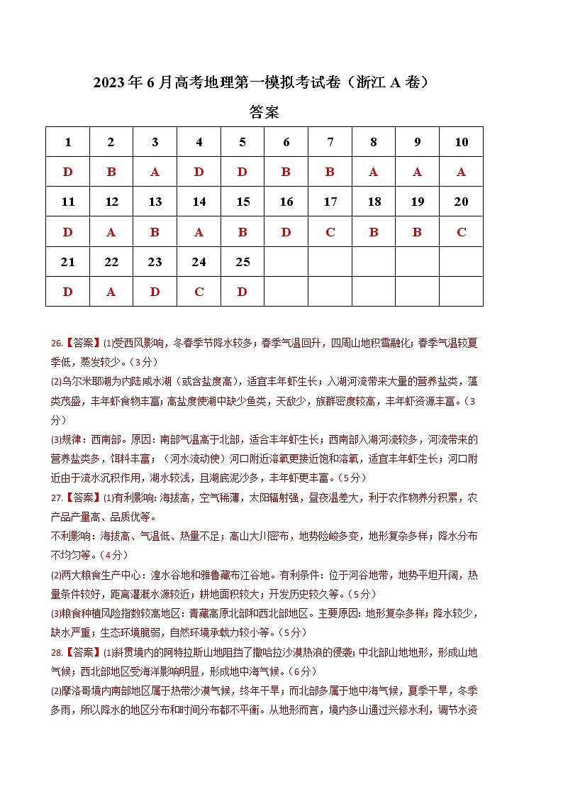 2023年高考第二次模拟考试卷：地理（浙江A卷）（参考答案）第1页