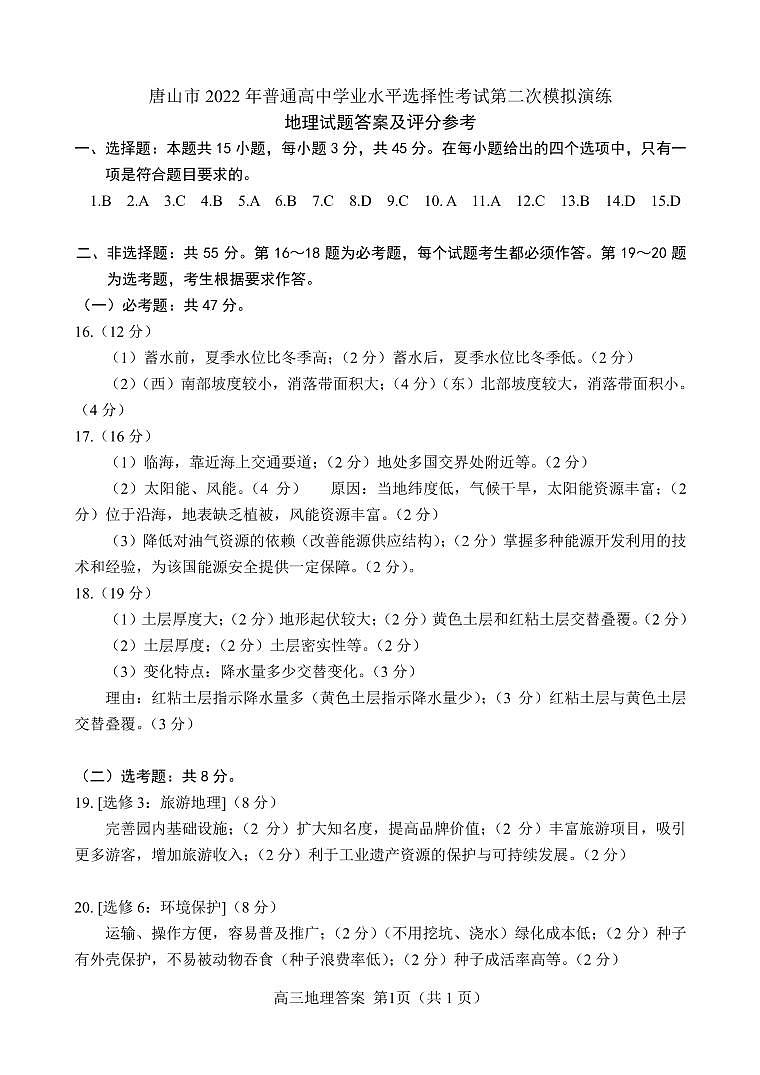 2022年唐山高三地理二模参考答案4.13第1页