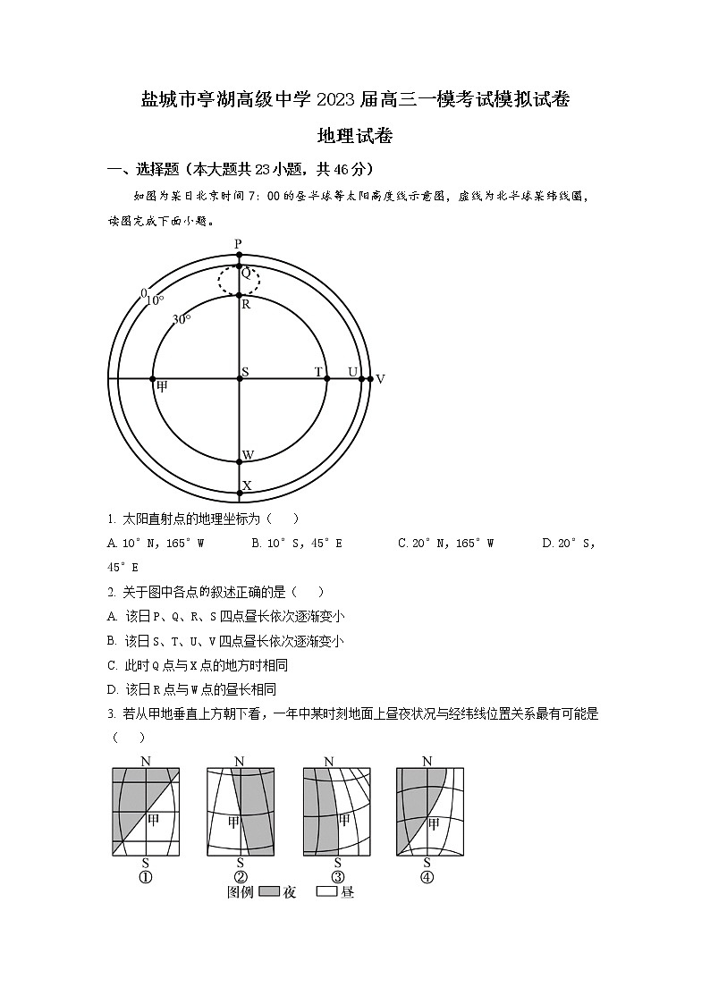 江苏省盐城市亭湖高级中学2023届高三地理下学期一模试题（Word版附解析）01