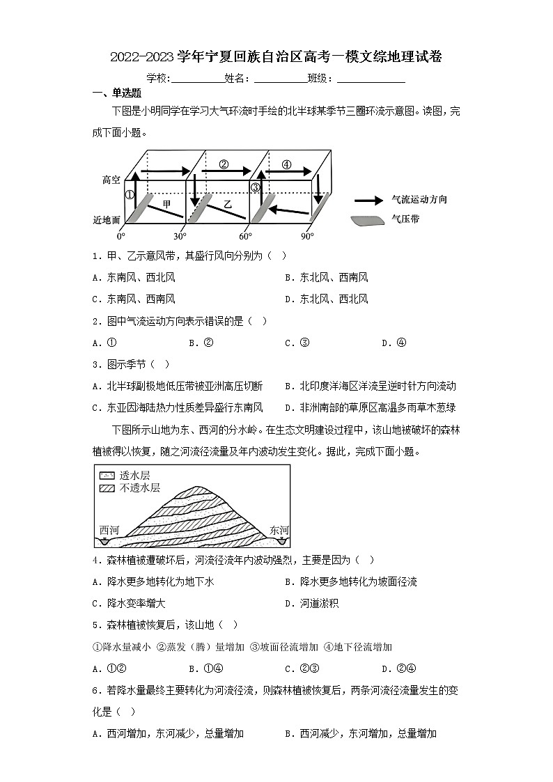 2022-2023学年宁夏回族自治区高考一模文综地理试卷（含解析）第1页