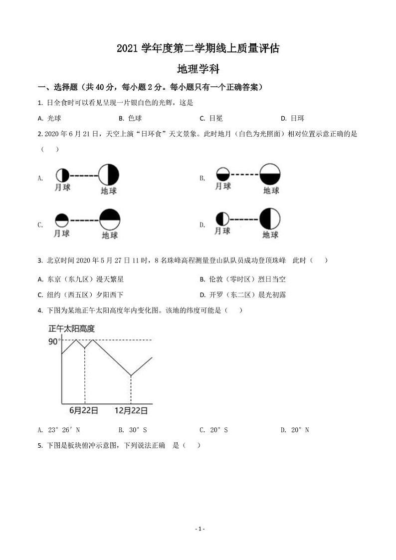 2022届上海市杨浦区高三下学期线上期中质量调研（二模）地理试题（PDF版）01