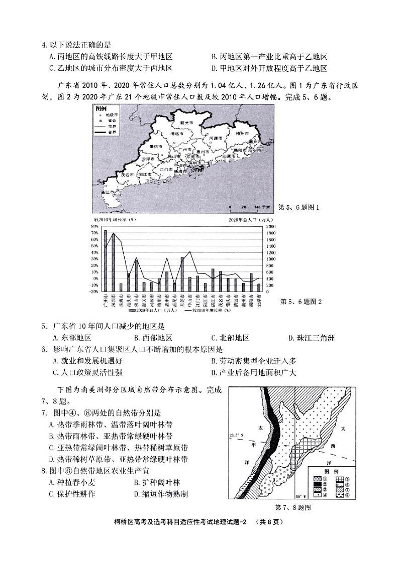 2022届浙江省绍兴市柯桥区高三下学期5月高考及选考科目适应性考试地理试题（PDF版含答案）02