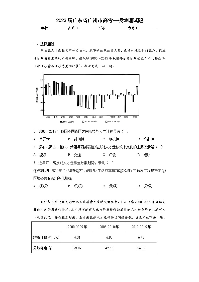 2023届广东省广州市高考一模地理试题（含答案）01