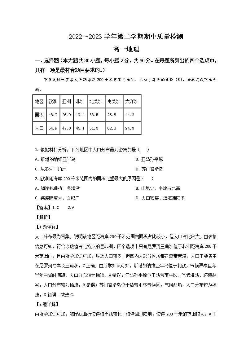 山东省枣庄市滕州市2022-2023学年高一地理下学期期中质量检测试题（Word版附解析）01