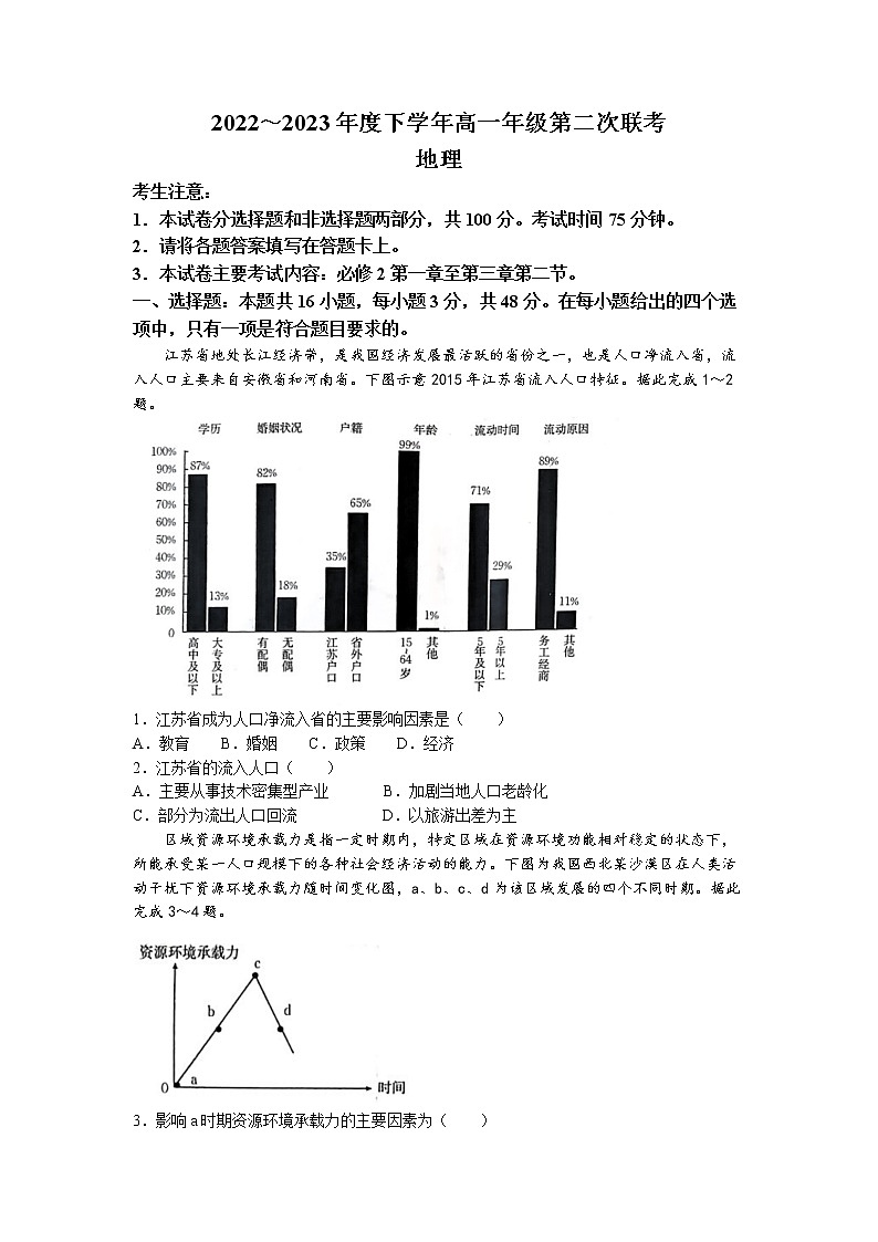 河南省创新发展联盟2022-2023学年高一下学期期中地理试题(无答案)01