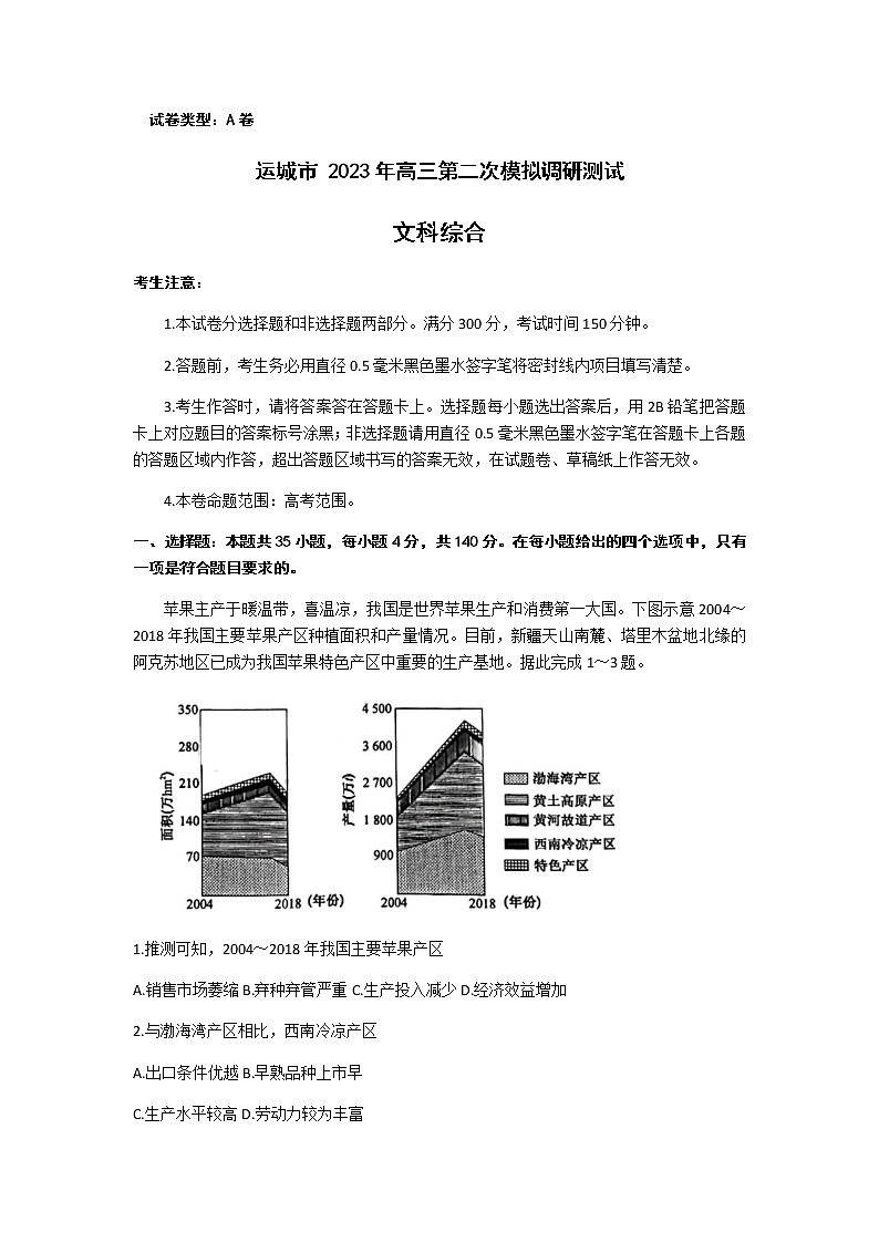 2023届山西省运城市高三下学期第二次模拟调研测试地理试题含解析01