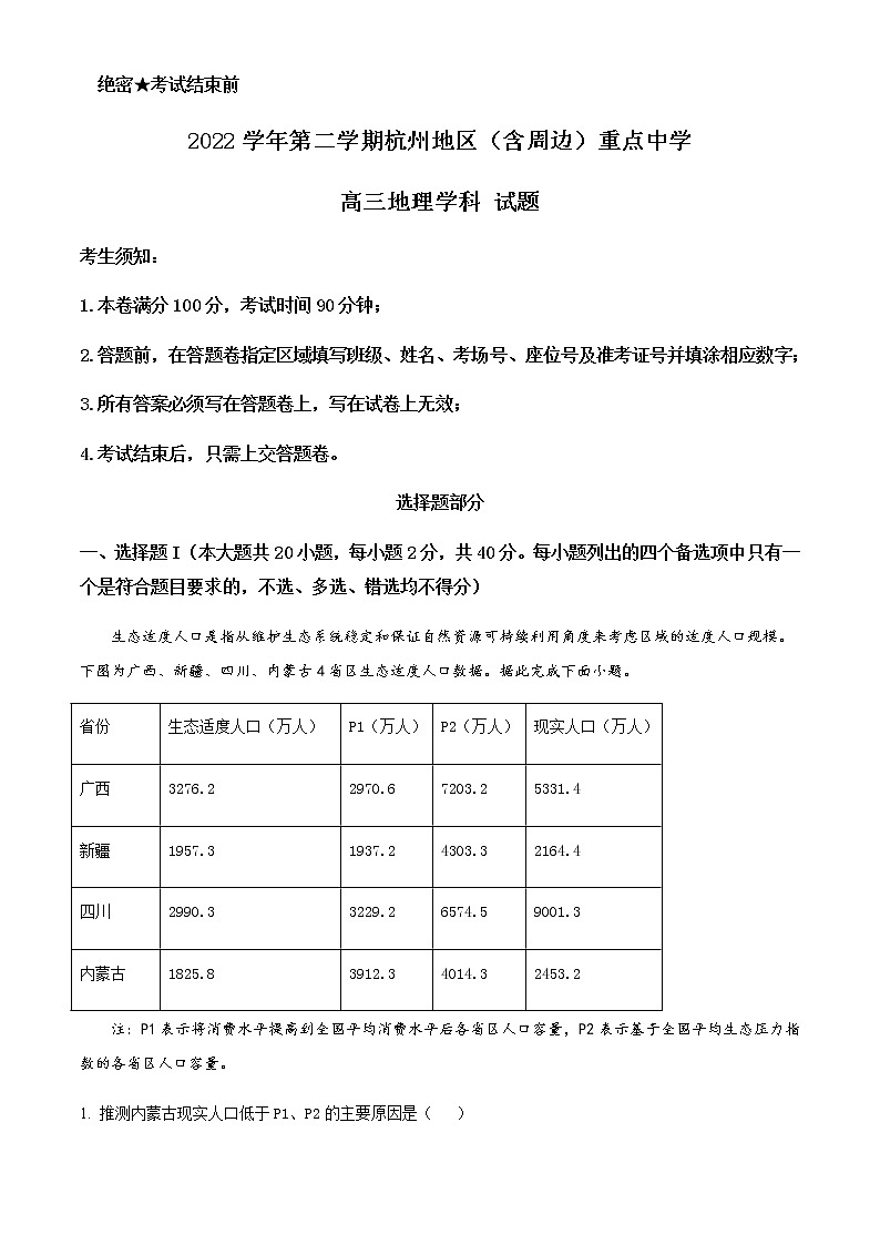 2023届浙江省杭州地区（含周边）重点中学高三高考一模试题地理含答案01