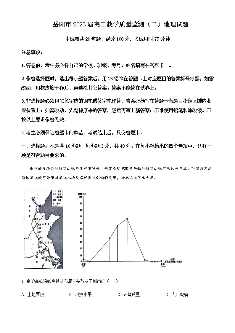 2022-2023学年湖南省岳阳市高三下学期教学质量监测（二）地理含解析01