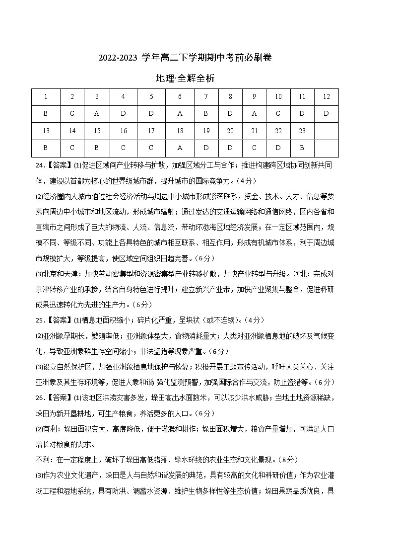 地理（江苏专用A卷）2022-2023学年高二下学期期中考前必刷卷01