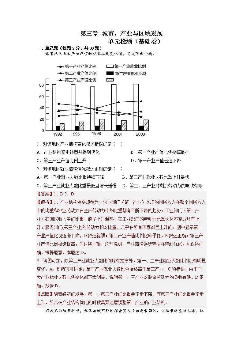 第三章城市、产业与区域发展  基础卷（解析版）2022-2023学年高二地理单元复习过过过（人教版2019选择性必修2）第1页