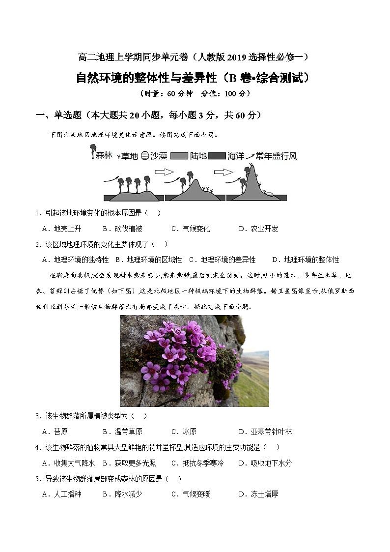 第五章 自然环境的整体性和差异性（B卷•综合测试）高二地理上学期同步单元卷（人教版2019选择性01