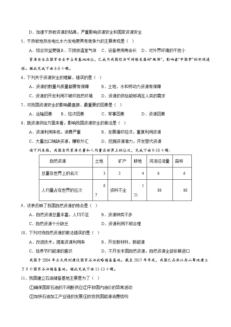 第二章 资源安全与国家安全（A卷 单元考点）-【单元测试】2022-2023学年高二地理分层训练AB卷（人教版2019选择性必修3）02
