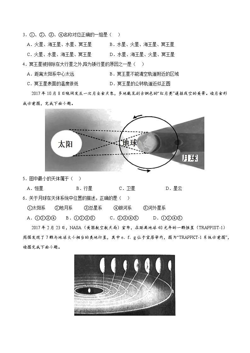 第一章 宇宙中的地球（A卷•单元考点）-2022-2023学年高一地理上学期同步单元卷（人教版2019必修第一册）02