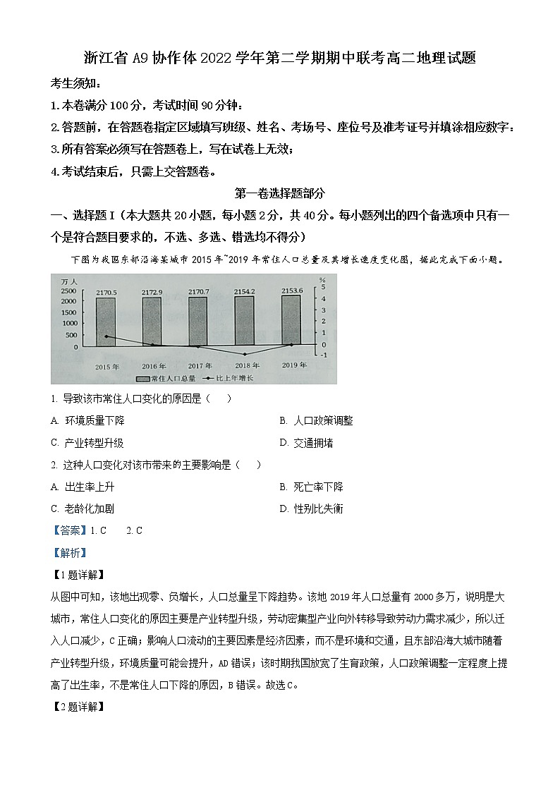 2023浙江省A9协作体高二下学期期中联考试题地理含解析01