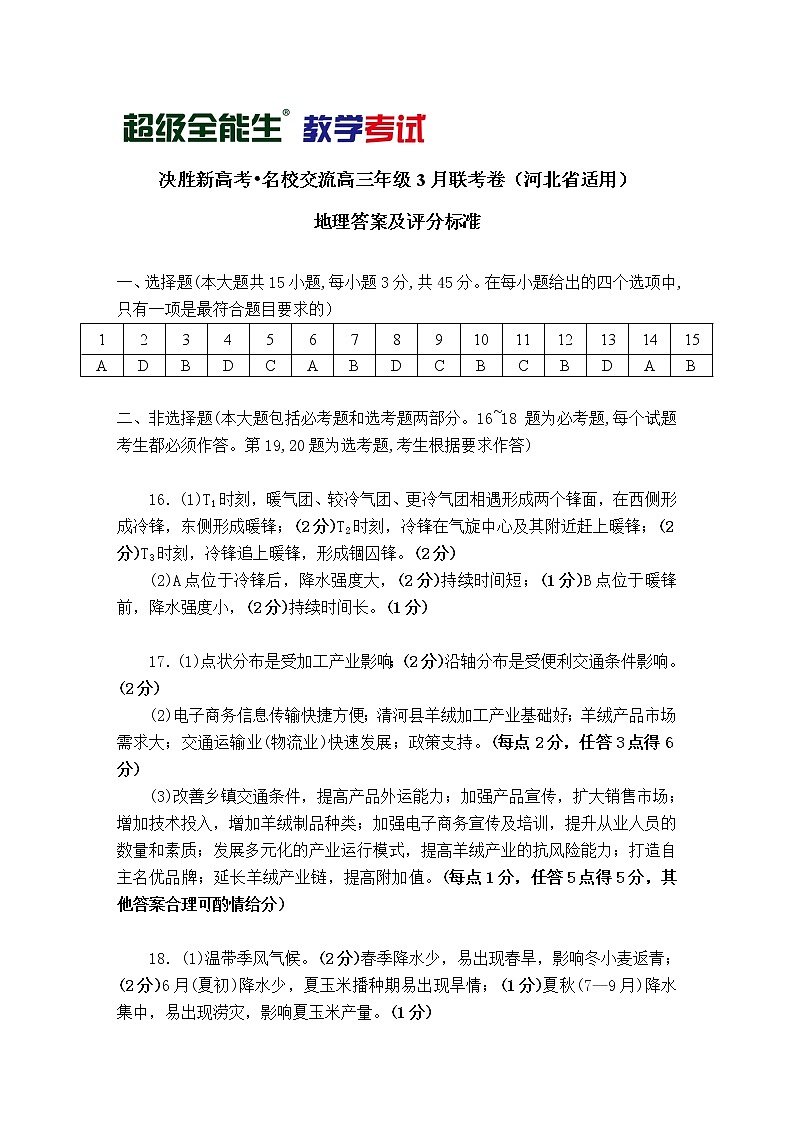 地理评分标准-河北版-“决胜新高考·名校交流“2021届高三3月联考卷第1页