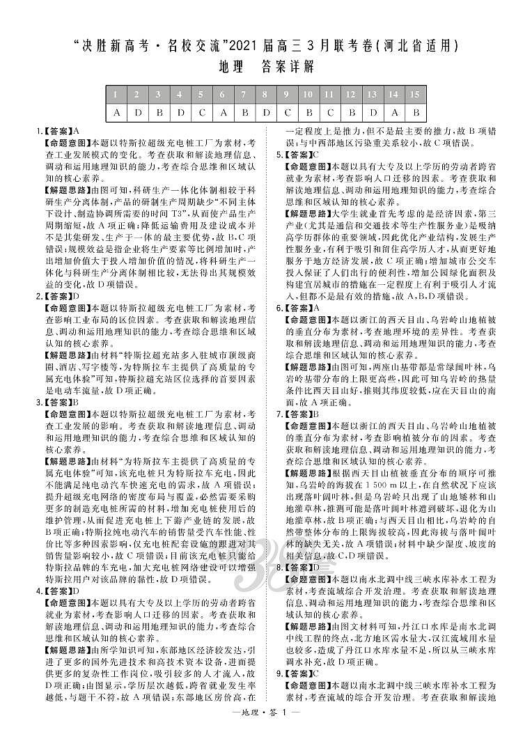 地理解析-河北版-“决胜新高考·名校交流“2021届高三3月联考卷第1页