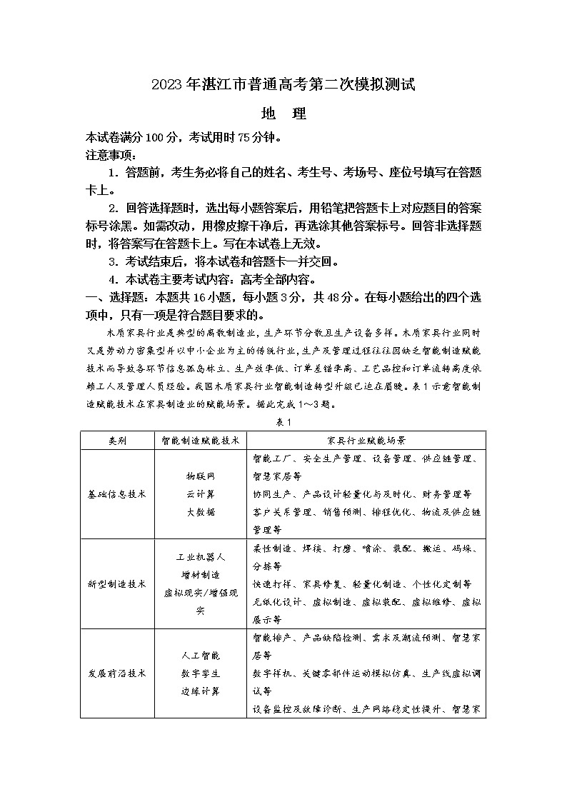 广东省湛江市2023届高三地理下学期二模试卷（Word版附答案）01