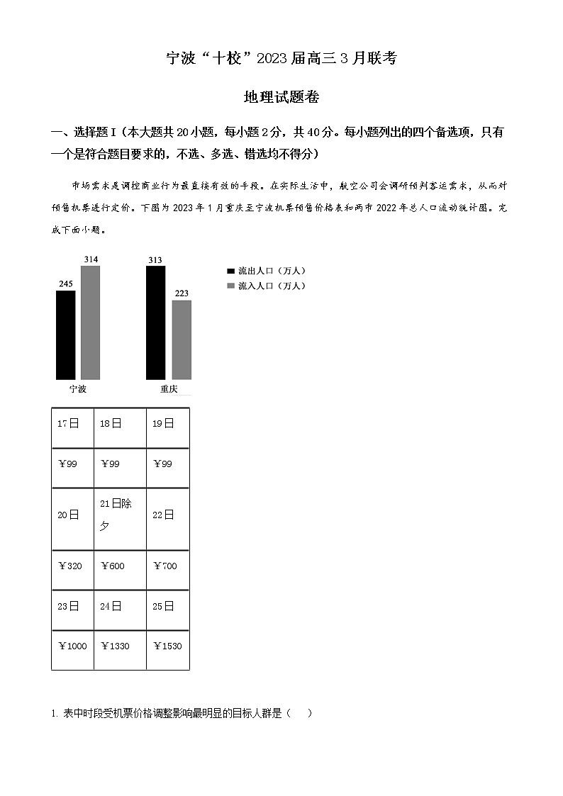 精品解析：浙江省宁波市十校2022-2023学年高三下学期3月联考地理试题01