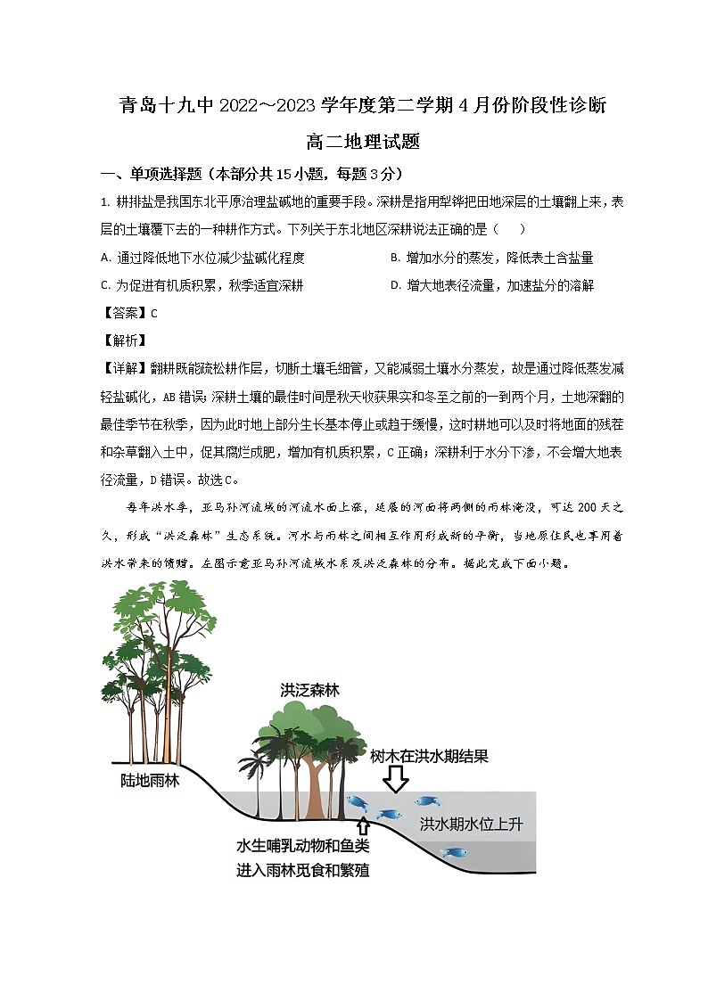 山东省青岛第十九中学2022-2023学年高二下学期4月月考地理试题含解析第1页