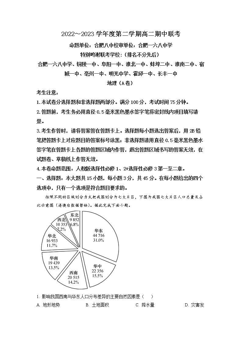 安徽省十校联考2022-2023学年高二地理下学期期中试题（A卷）（Word版附解析）01