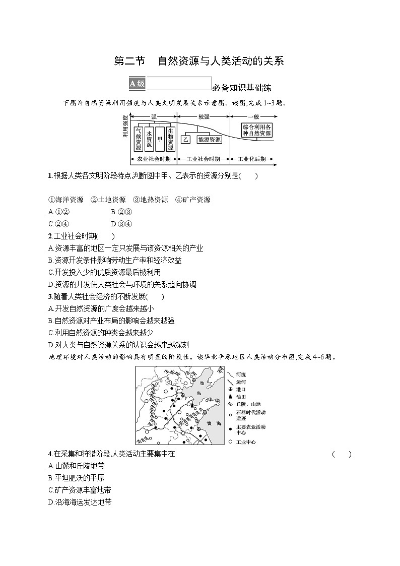 第一章　第二节　自然资源与人类活动的关系 试卷01