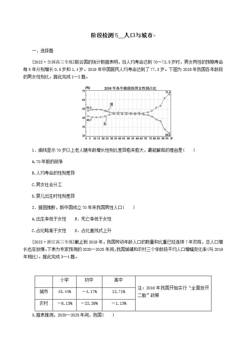 2023届高考地理复习一轮特训卷第一部分阶段检测5人口与城市单元检测（人教版）含答案第1页