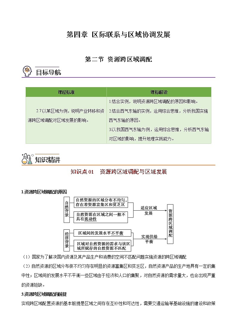 4.2 资源跨区域调配-高二地理同步精品讲义（人教版2019选择性必修2）（学生版）第1页