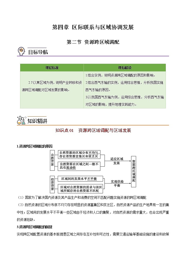 4.2 资源跨区域调配-高二地理同步精品讲义（人教版2019选择性必修2）（教师版）01