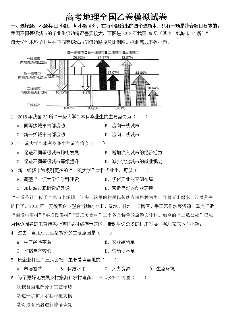 2023年高考地理全国乙卷模拟试卷【含答案】01