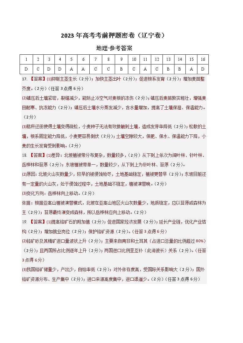 2023年高考考前押题密卷-地理（辽宁卷）（参考答案）01