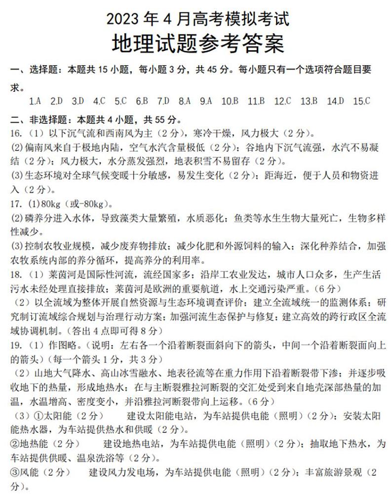 山东省2023届新高考联合模拟（济南二模）考试地理参考答案01