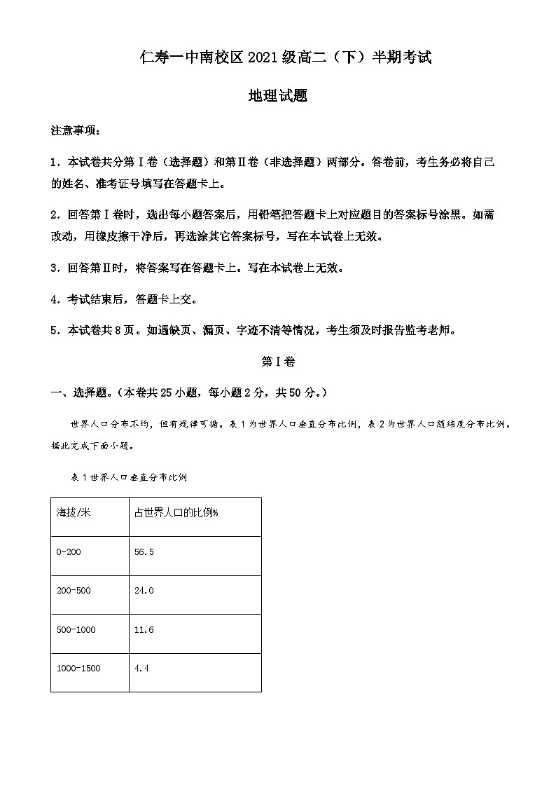 2022-2023学年四川省仁寿第一中学校南校区高二下学期期中地理试题Word版含解析第1页