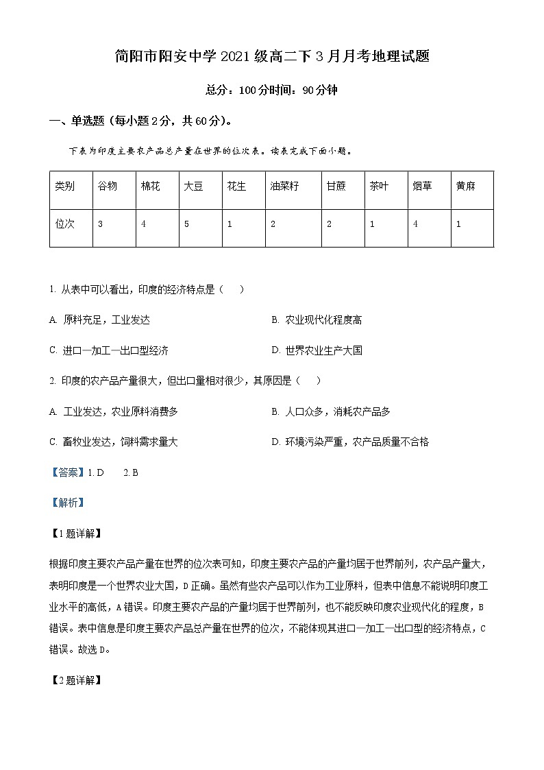 2022-2023学年四川省成都市简阳市阳安中学高二下学期3月月考地理试题Word版含解析01
