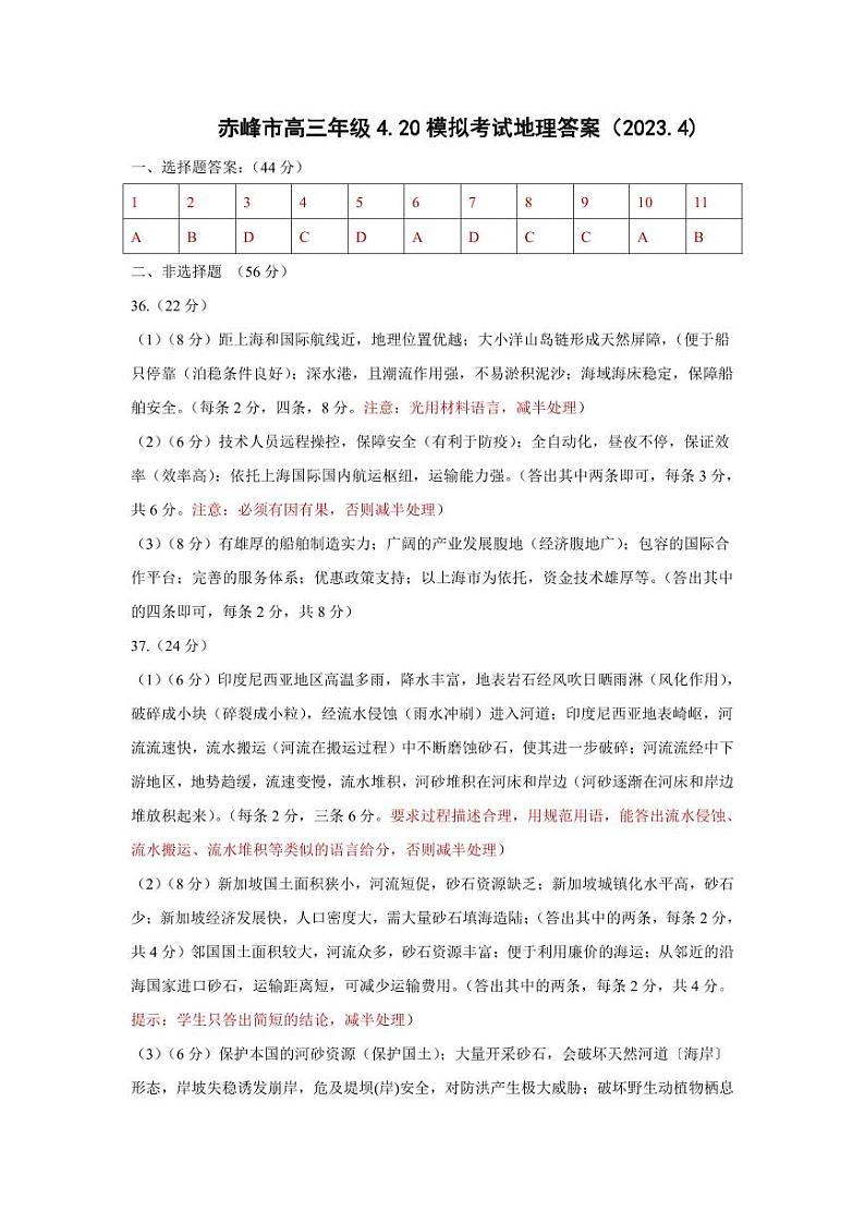 2023届内蒙古赤峰市高三4月模拟考试 文综地理答案第1页