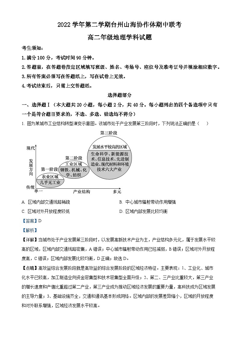 浙江省台州市山海协作体2022-2023学年高二地理下学期期中联考试题（Word版附解析）01