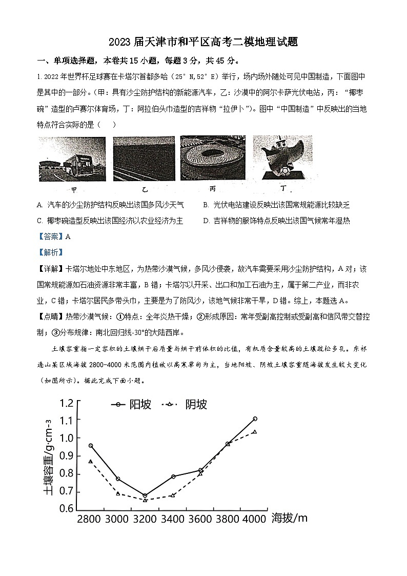 天津市和平区2023届高三地理二模试题（Word版附解析）01