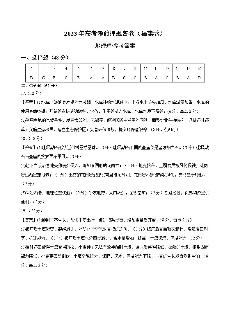 2023年高考考前押题密卷：地理（福建卷）（参考答案）第1页