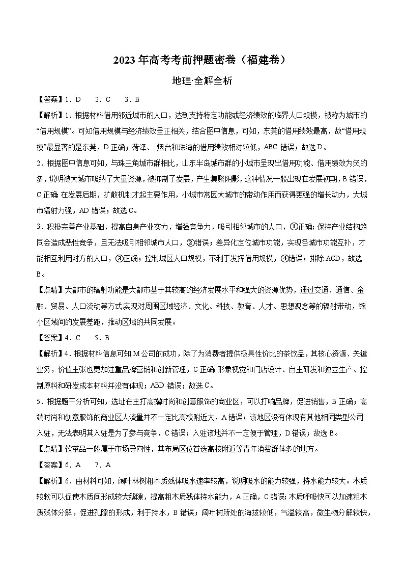 2023年高考考前押题密卷：地理（福建卷）（全解全析）01