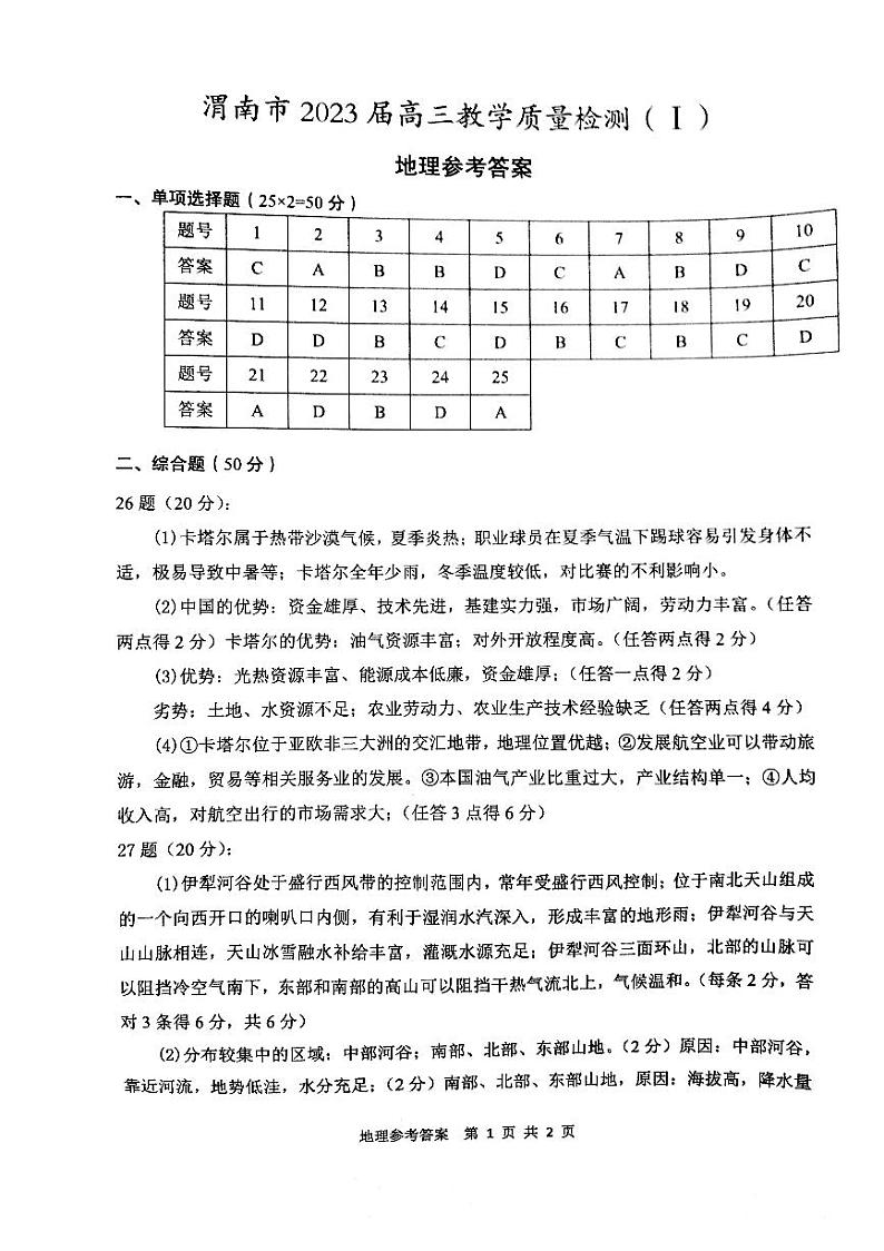 2022-2023学年陕西省渭南市高三第一次教学质量检测（一模）地理试题PDF版含答案01