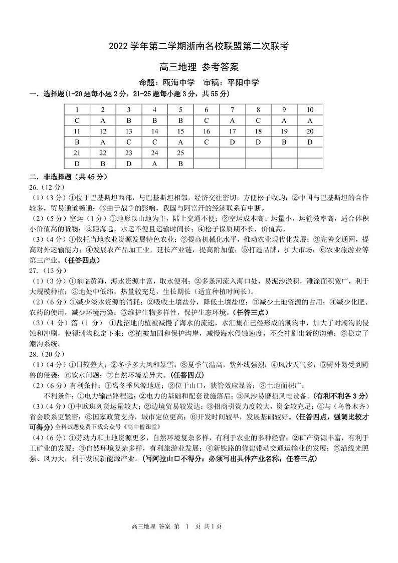 2022-2023学年浙江省浙南名校联盟高三下学期第二次联考（月考）试题（一模）地理PDF版含答案01