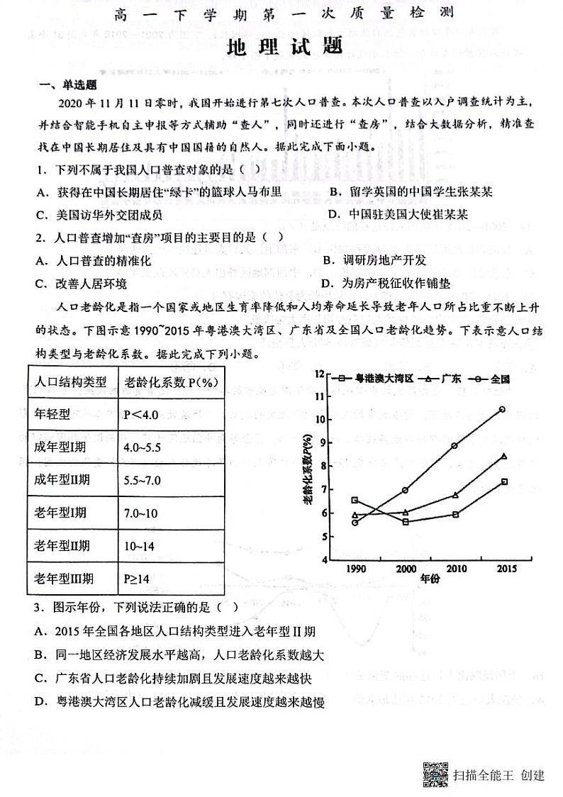 山东省泰安市东平高级中学2023年4月高一下学期地理第一次质量检测01