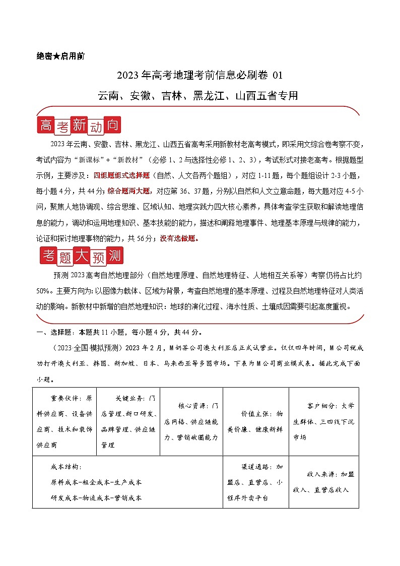 必刷卷01——【高考三轮冲刺】2023年高考地理考前20天冲刺必刷卷（云南、安徽、吉林、黑龙江、山西五省通用）（解析版） 第1页
