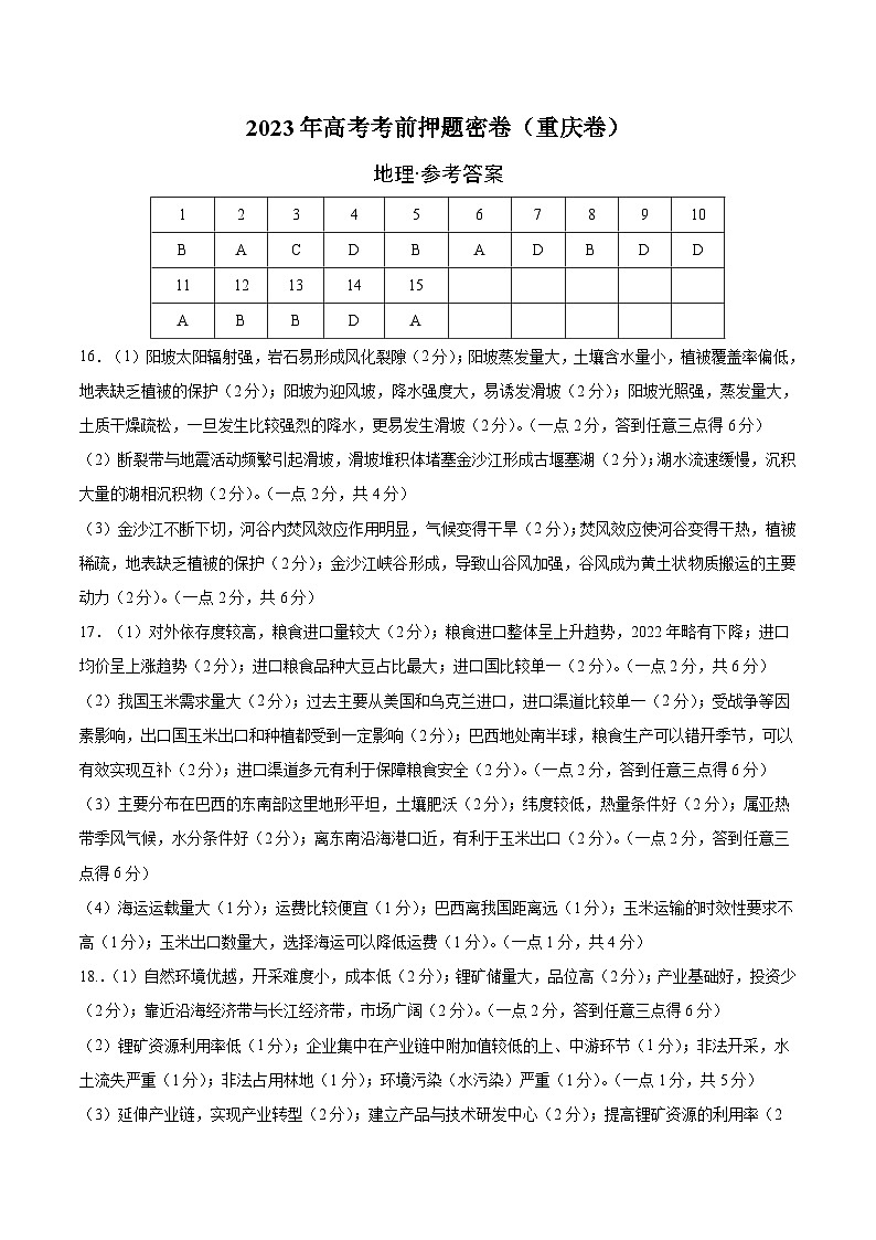 2023年高考押题预测卷地理（重庆卷）（参考答案）（需要分值）第1页