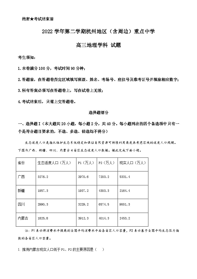 2023届浙江省杭州地区（含周边）重点中学高三高考一模试题地理含解析第1页