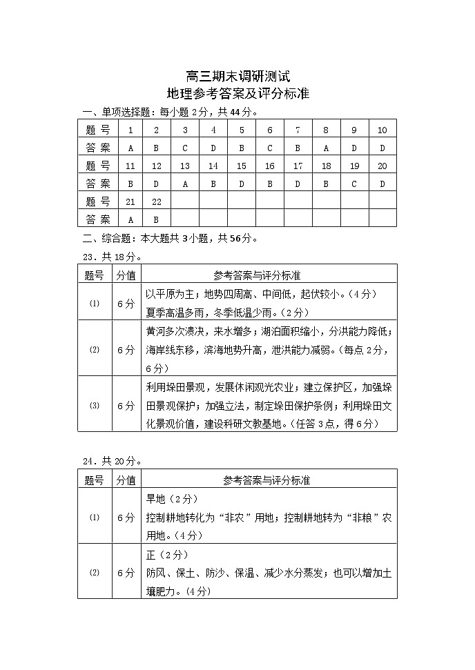 江苏省扬州市高邮市高邮市2022-2023学年高三上学期1月期末地理答案第1页